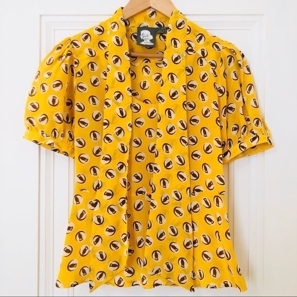 Anthropologie Tops - [anthro] Girls from Savoy Owl Moon Silk Print Tie Front Peplum Puff Sleeve Top